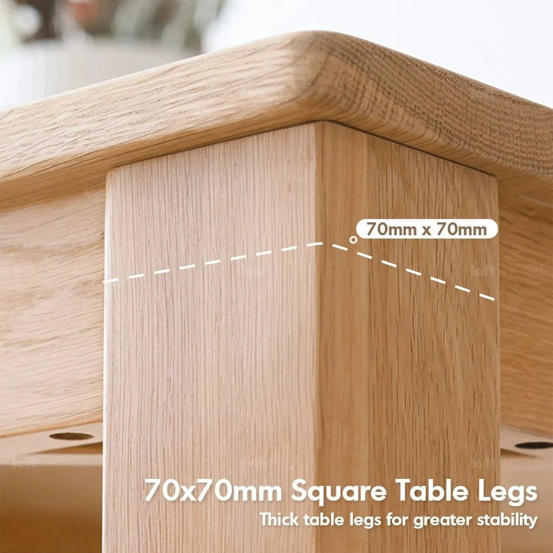 Scandinavian wood dining table oak square in close up details.