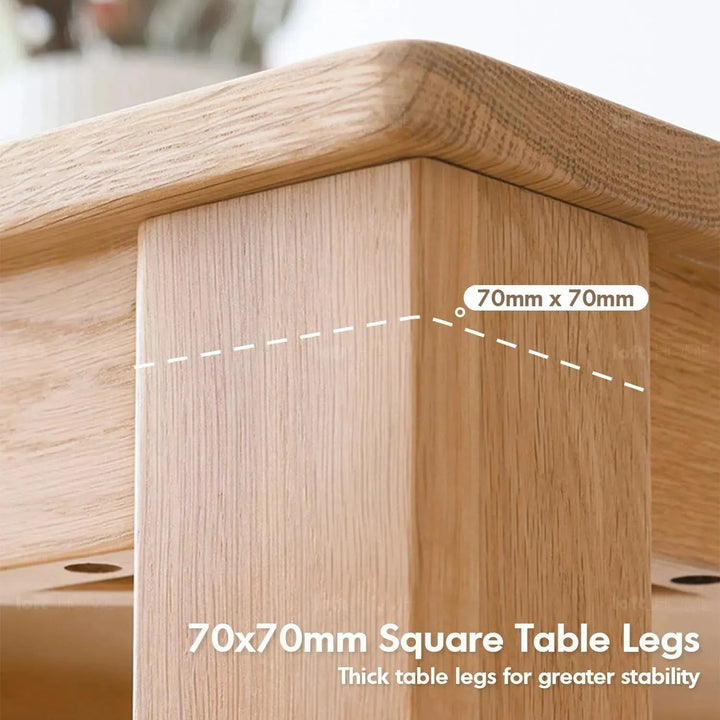 Scandinavian wood dining table oak square in close up details.