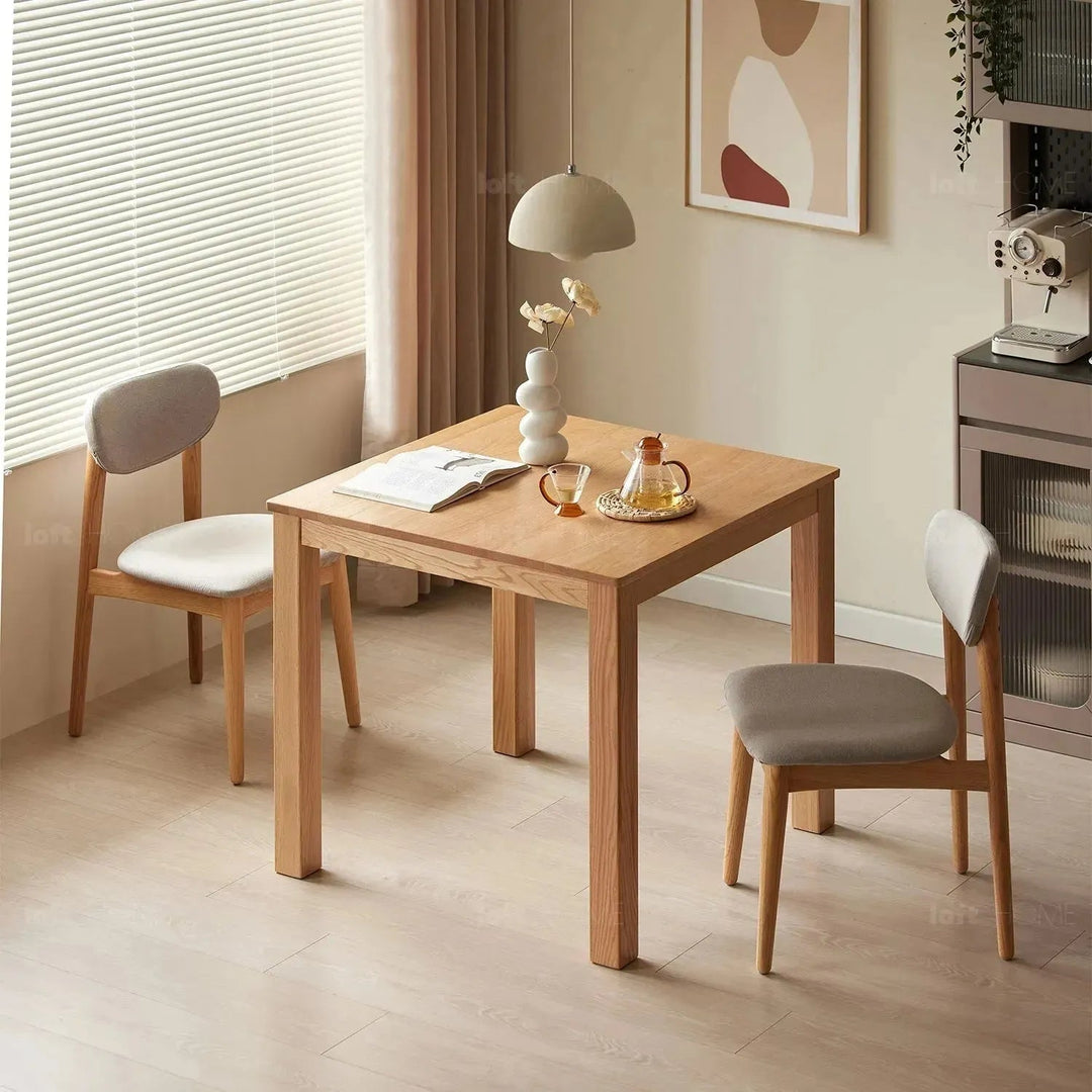 Scandinavian wood dining table oak square layered structure.