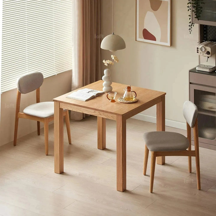 Scandinavian wood dining table oak square layered structure.
