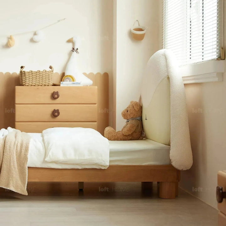 Cream wood kids bed bunny material variants.