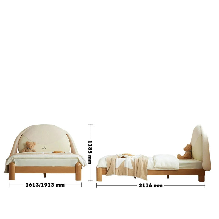Cream wood kids bed bunny size charts.