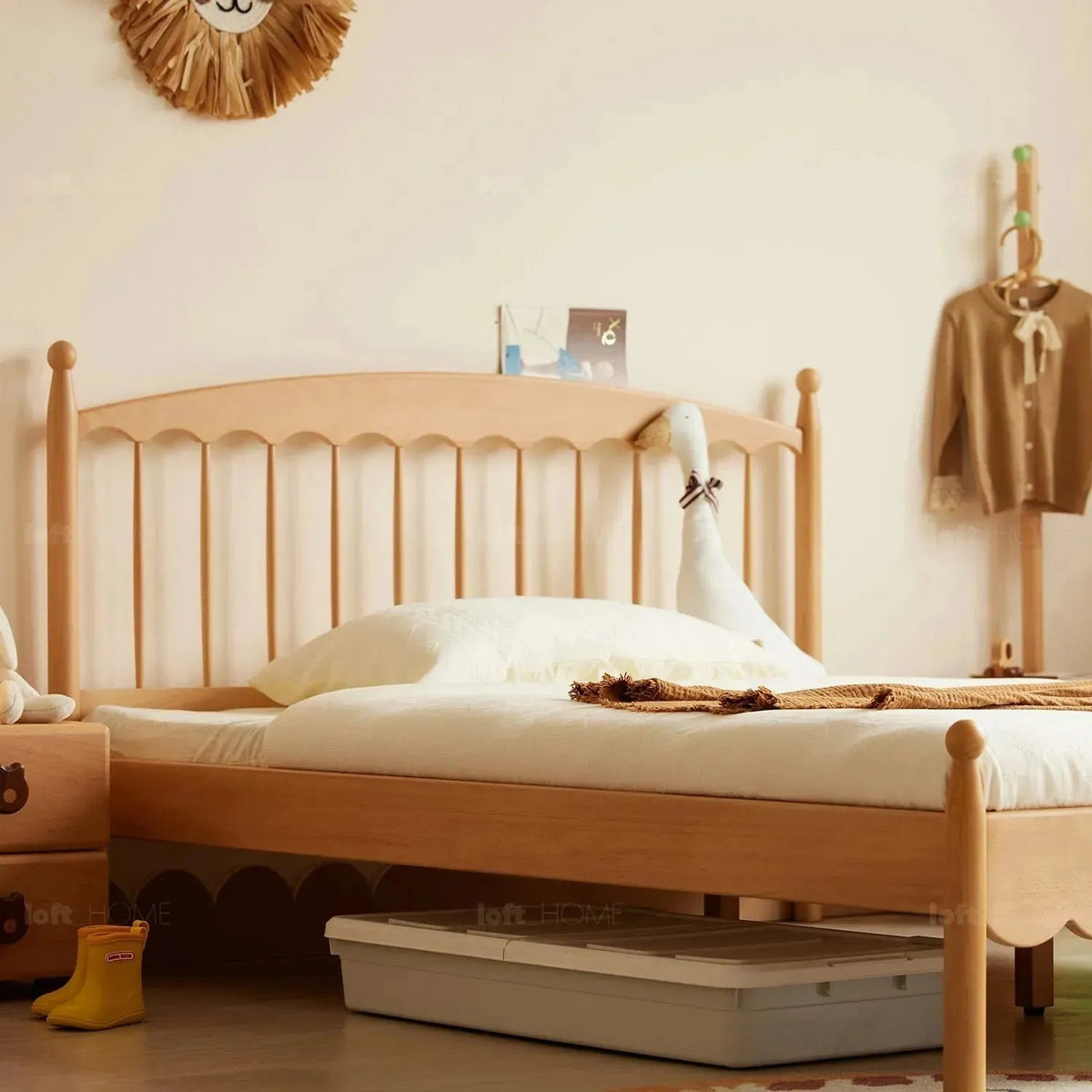 Scandinavian wood kids bed winsor with context.