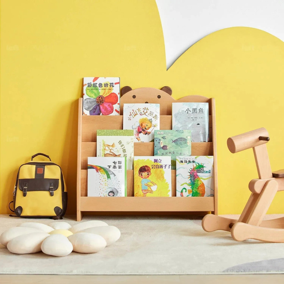 Scandinavian wood kids bookshelf 4 layers bear material variants.
