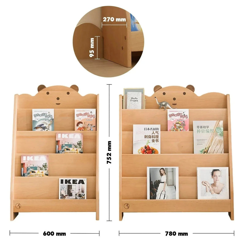 Scandinavian wood kids bookshelf 4 layers bear size charts.