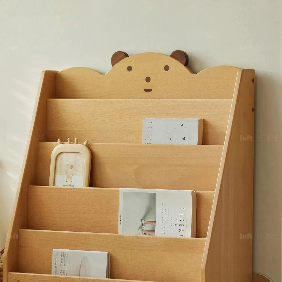Scandinavian wood kids bookshelf 5 layers bear in panoramic view.