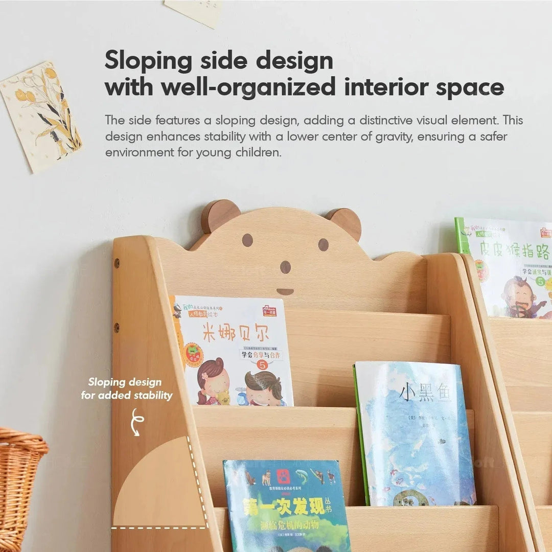 Scandinavian wood kids bookshelf 5 layers bear detail 1.