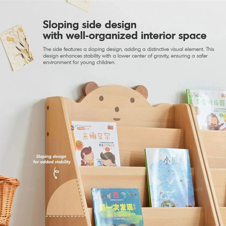 Scandinavian wood kids bookshelf 5 layers bear detail 1.
