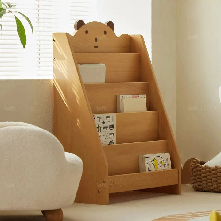 Scandinavian wood kids bookshelf 5 layers bear in still life.