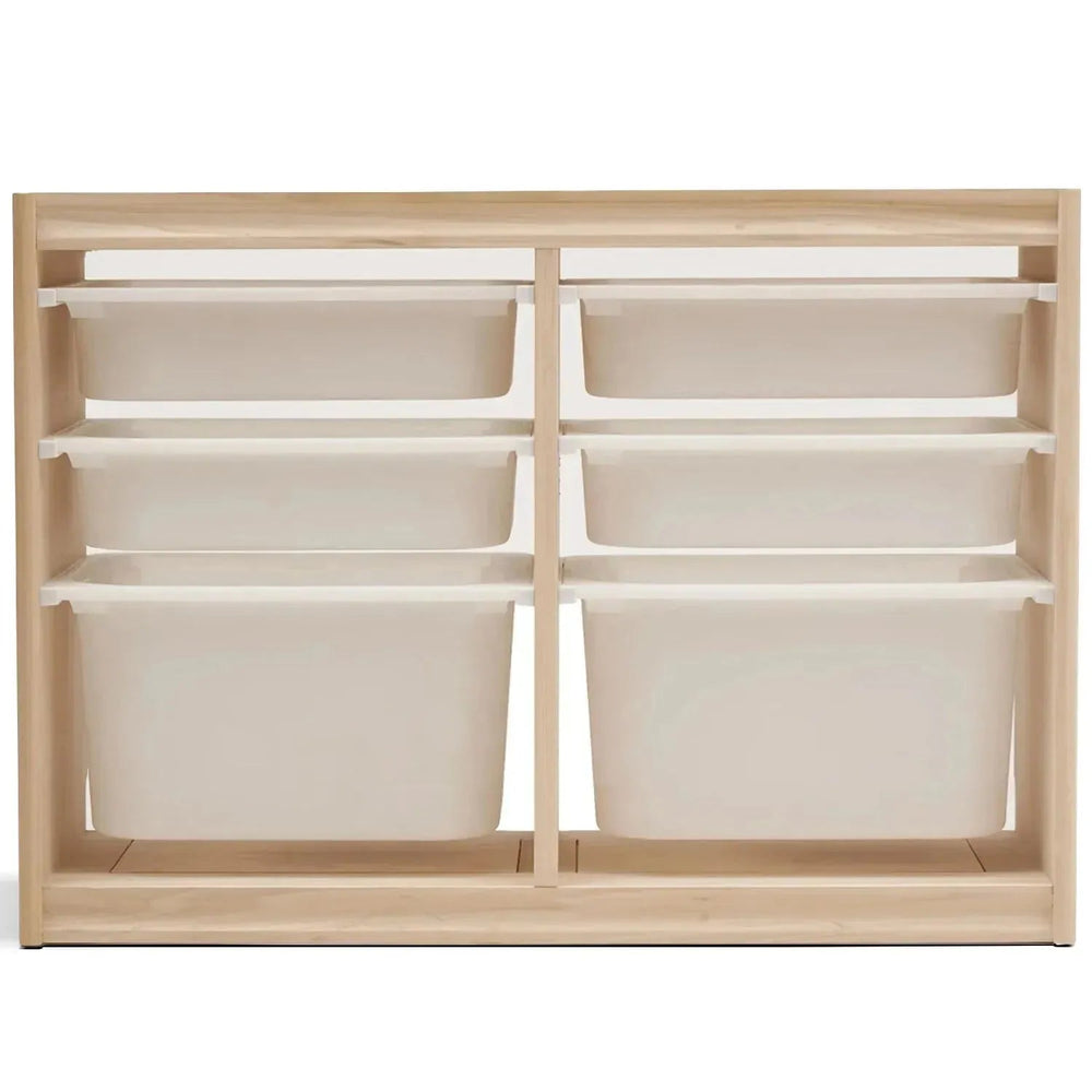 Scandinavian wood kids drawer cabinet whimsi in white background.