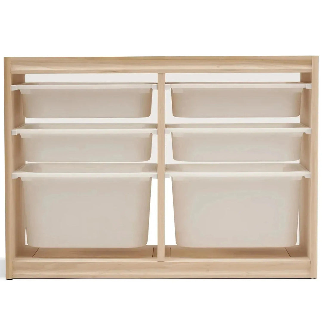 Scandinavian wood kids drawer cabinet whimsi in white background.