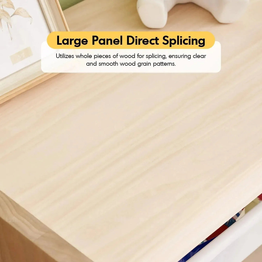 Scandinavian wood kids drawer cabinet whimsi in close up details.