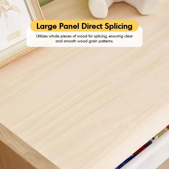 Scandinavian wood kids drawer cabinet whimsi in close up details.
