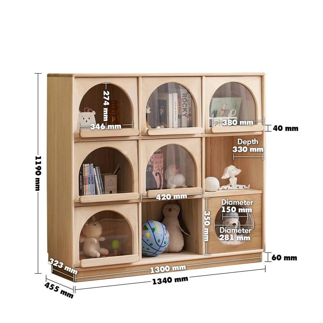 Scandinavian wood kids display cabinet archi size charts.
