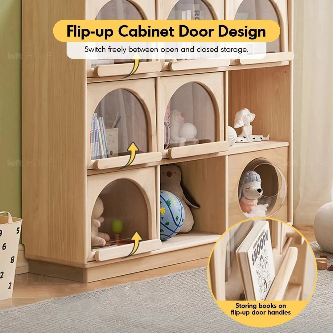 Scandinavian wood kids display cabinet archi in panoramic view.