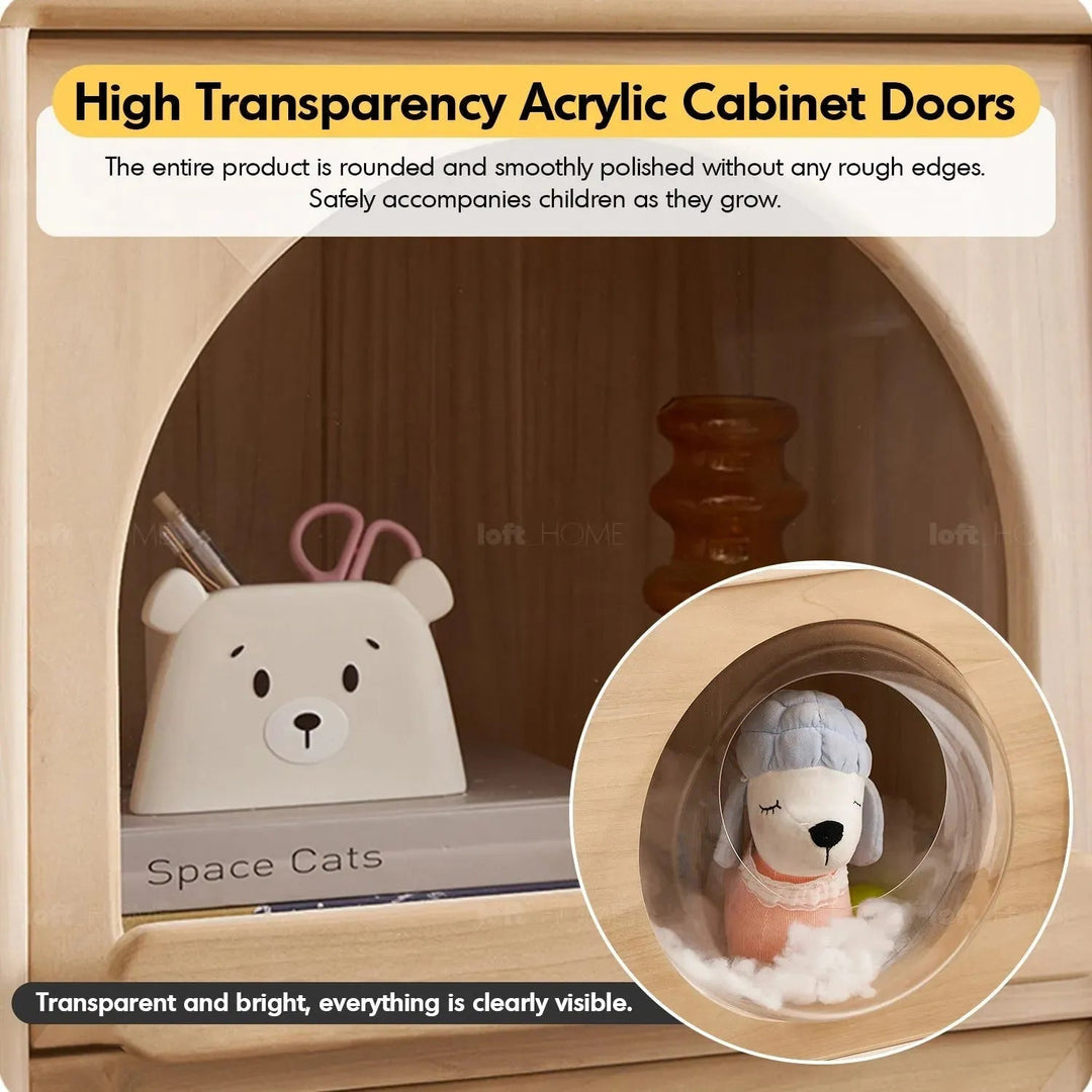 Scandinavian wood kids display cabinet archi in close up details.