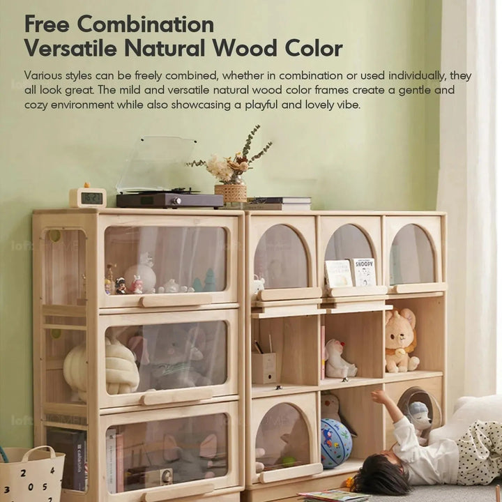 Scandinavian wood kids display cabinet joy material variants.
