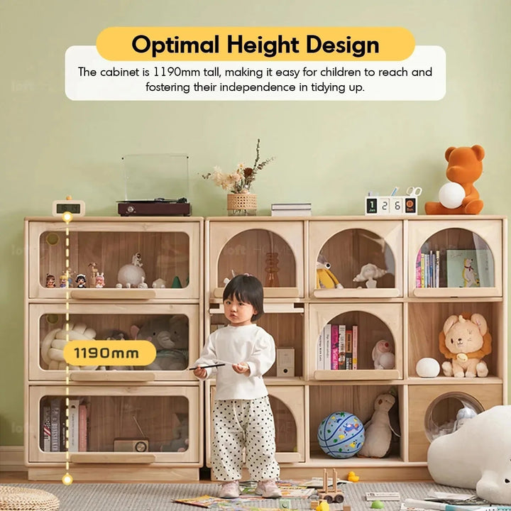 Scandinavian wood kids display cabinet joy in details.
