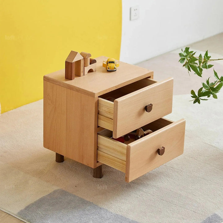 Scandinavian wood kids side table bear in real life style.