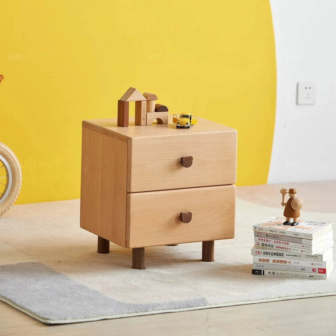 Scandinavian wood kids side table bear material variants.