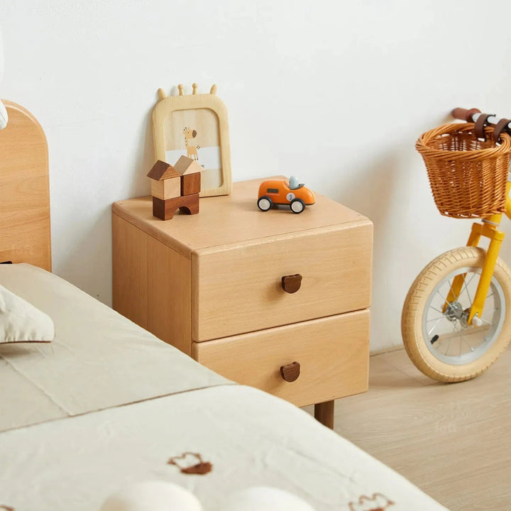 Scandinavian wood kids side table bear with context.