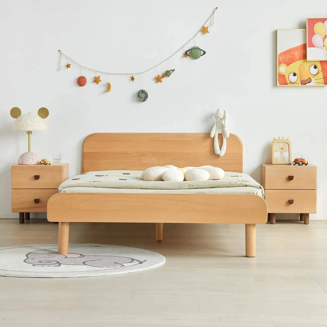 Scandinavian wood kids side table bear color swatches.