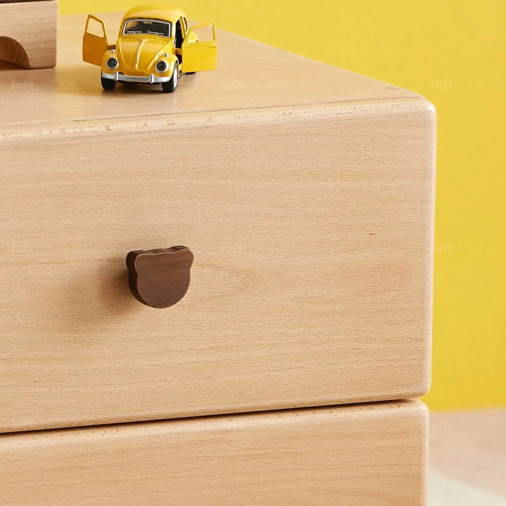 Scandinavian wood kids side table bear in still life.