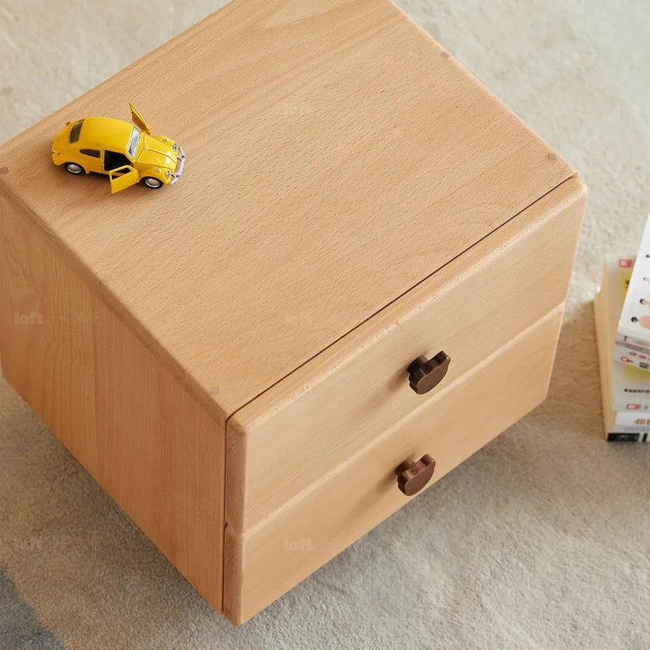 Scandinavian wood kids side table bear in details.