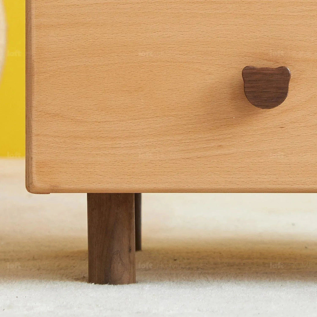 Scandinavian wood kids side table bear in panoramic view.
