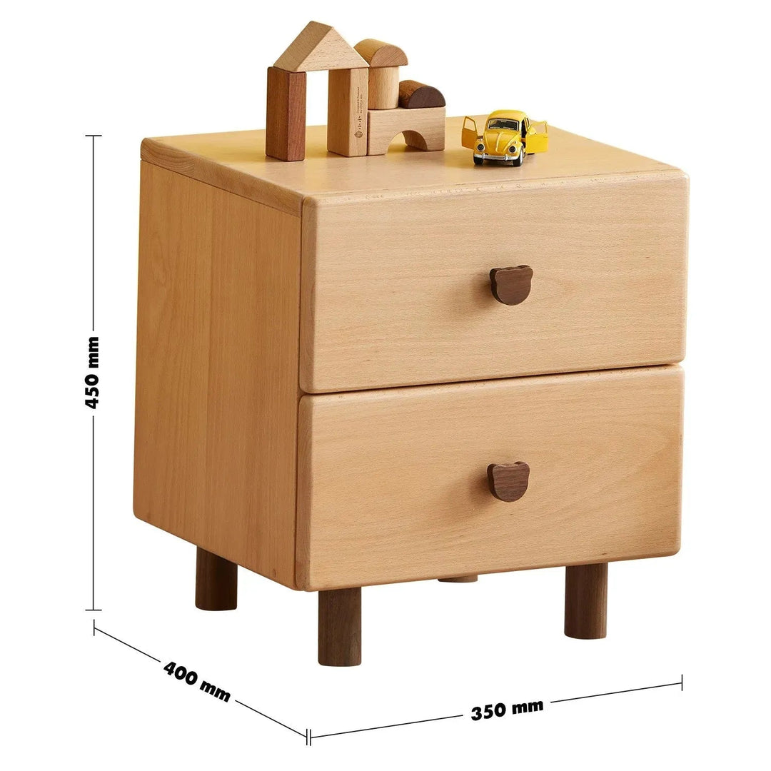 Scandinavian wood kids side table bear size charts.