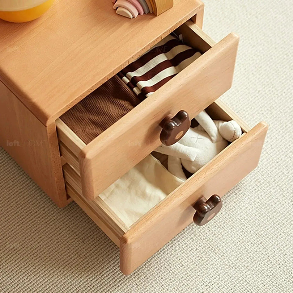Scandinavian wood kids side table teddy material variants.