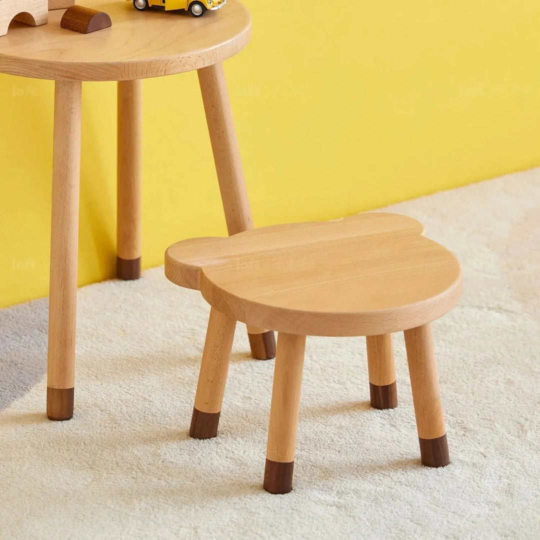 Scandinavian wood kids stool bear in details.