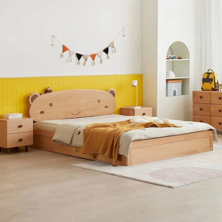 Scandinavian wood kids storage bed bear color swatches.