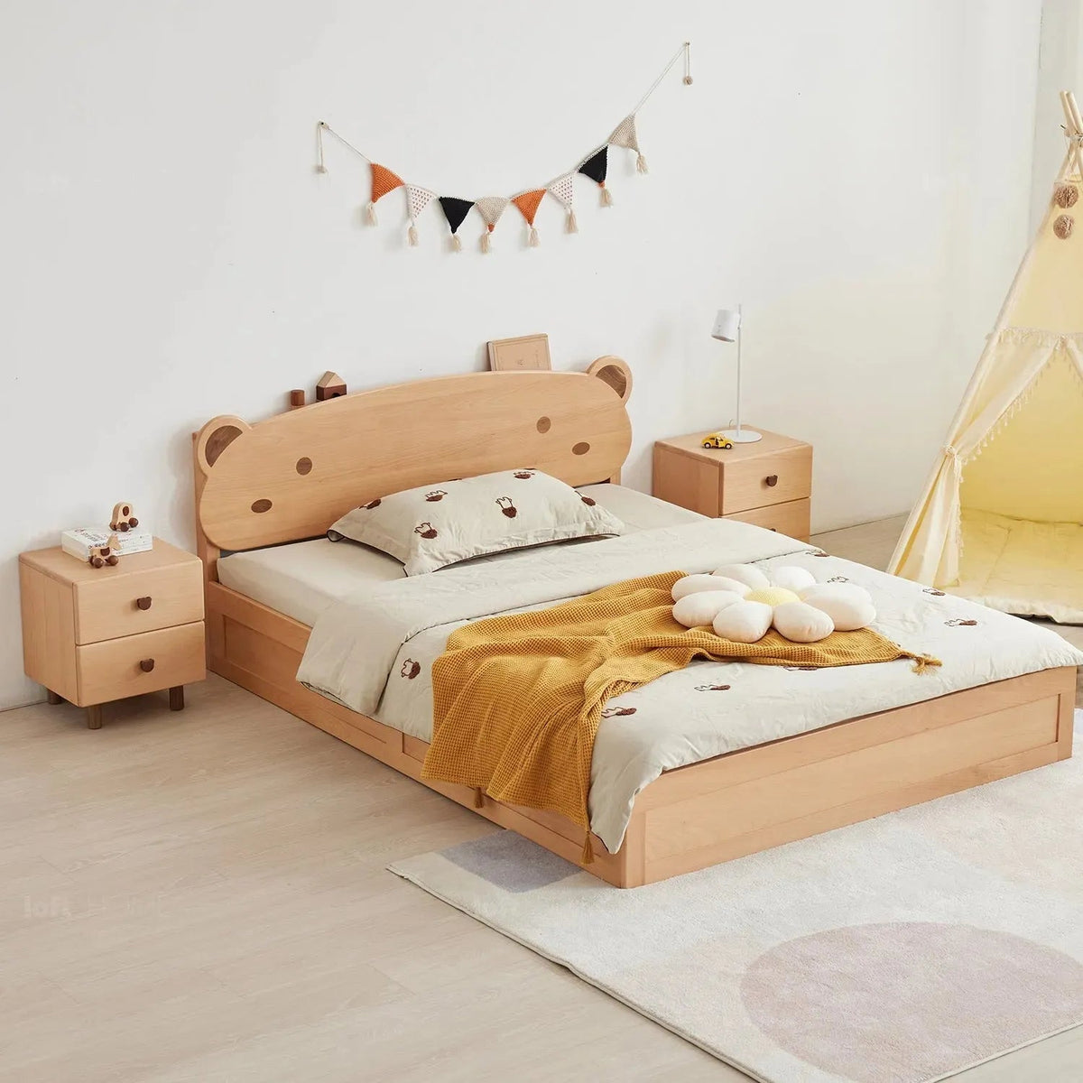 Scandinavian wood kids storage bed bear material variants.