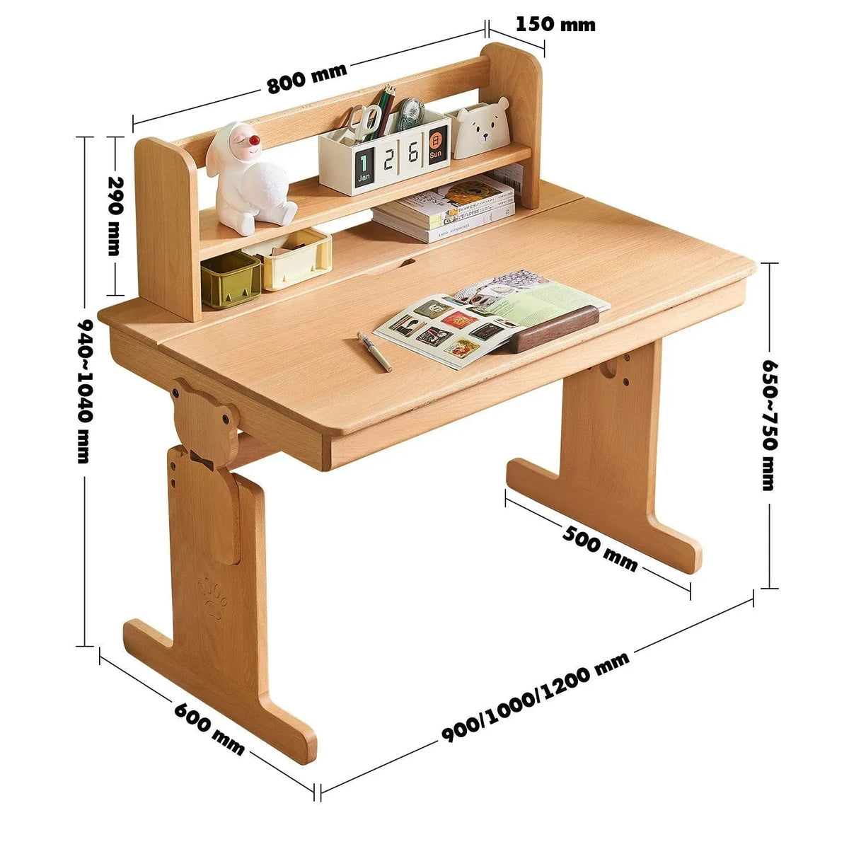 Scandinavian wood kids study table elevate size charts.