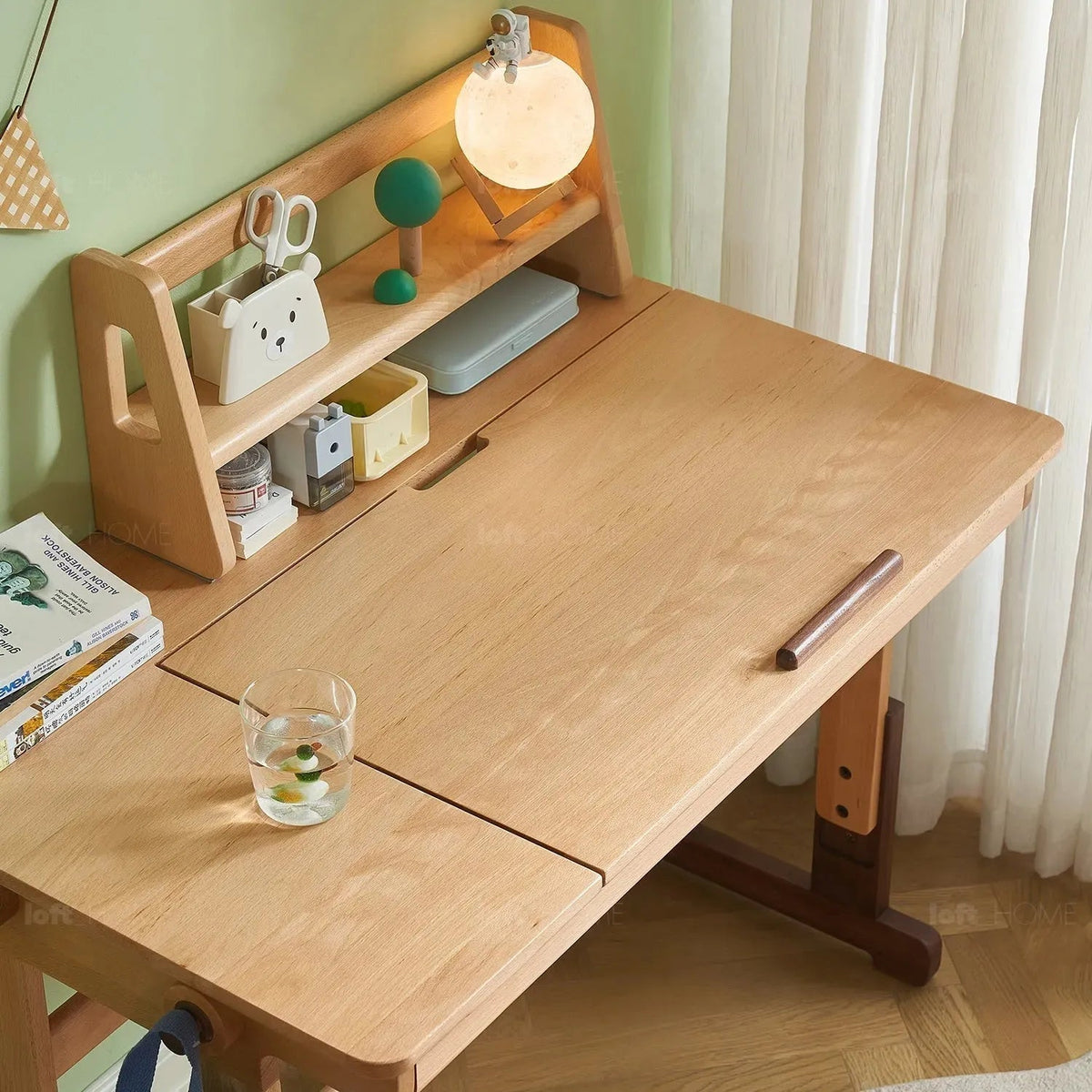 Scandinavian wood kids study table lift material variants.