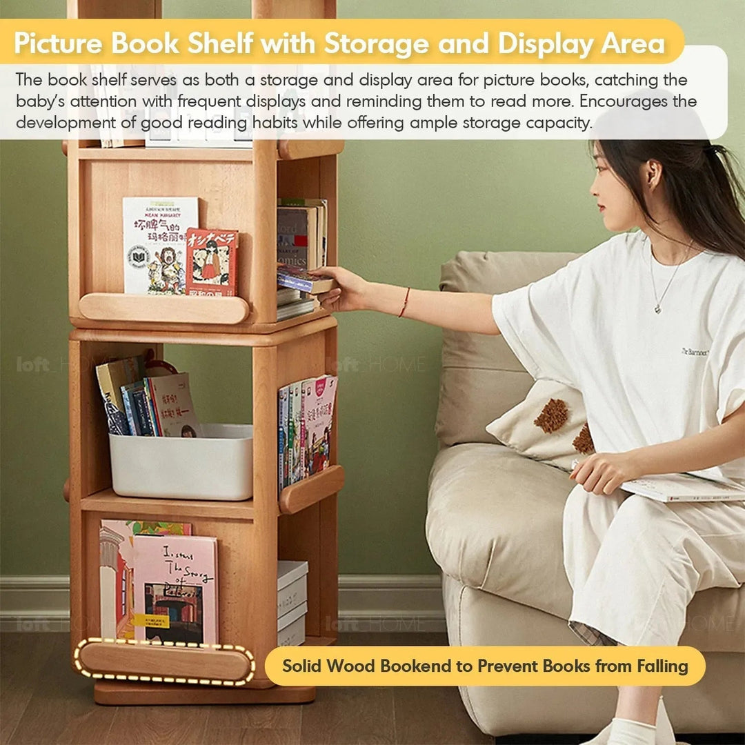 Scandinavian wood kids swirling bookshelf snug in details.