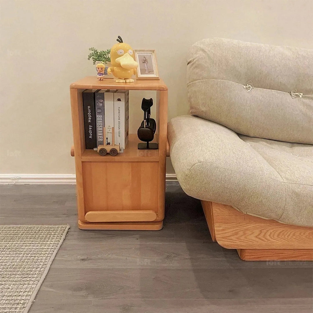 Scandinavian wood kids swirling bookshelf snug detail 2.