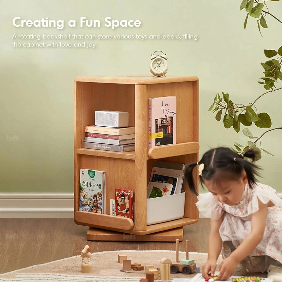 Scandinavian wood kids swirling bookshelf snug color swatches.