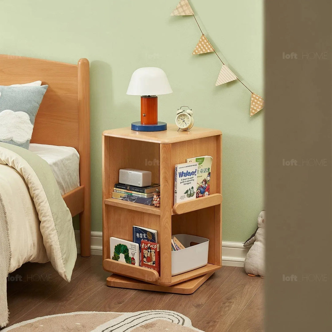 Scandinavian wood kids swirling bookshelf snug layered structure.