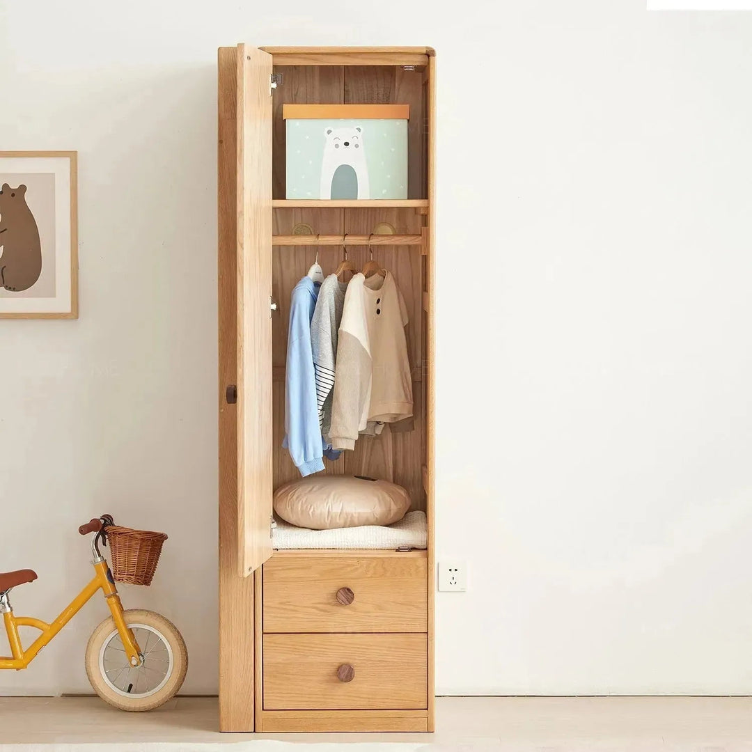 Scandinavian wood kids wardrobe pacman color swatches.