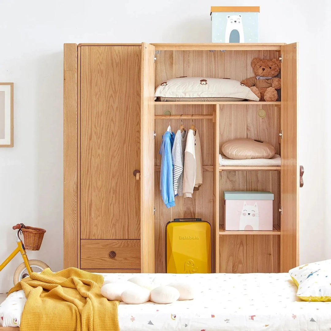 Scandinavian wood kids wardrobe pacman with context.