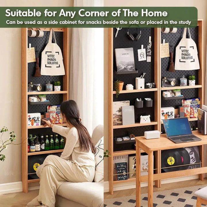 Scandinavian wood display shelf chic slim in real life style.