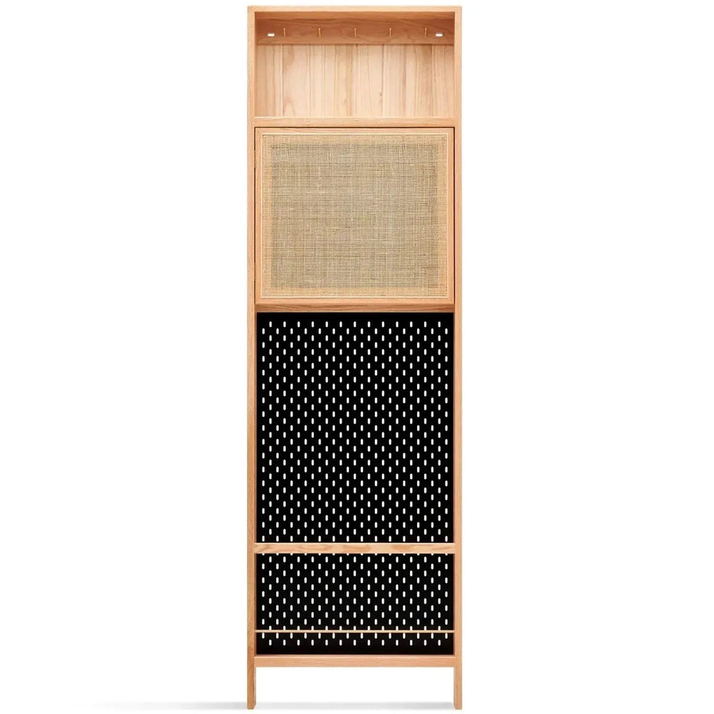 Scandinavian wood display shelf chic slim in white background.