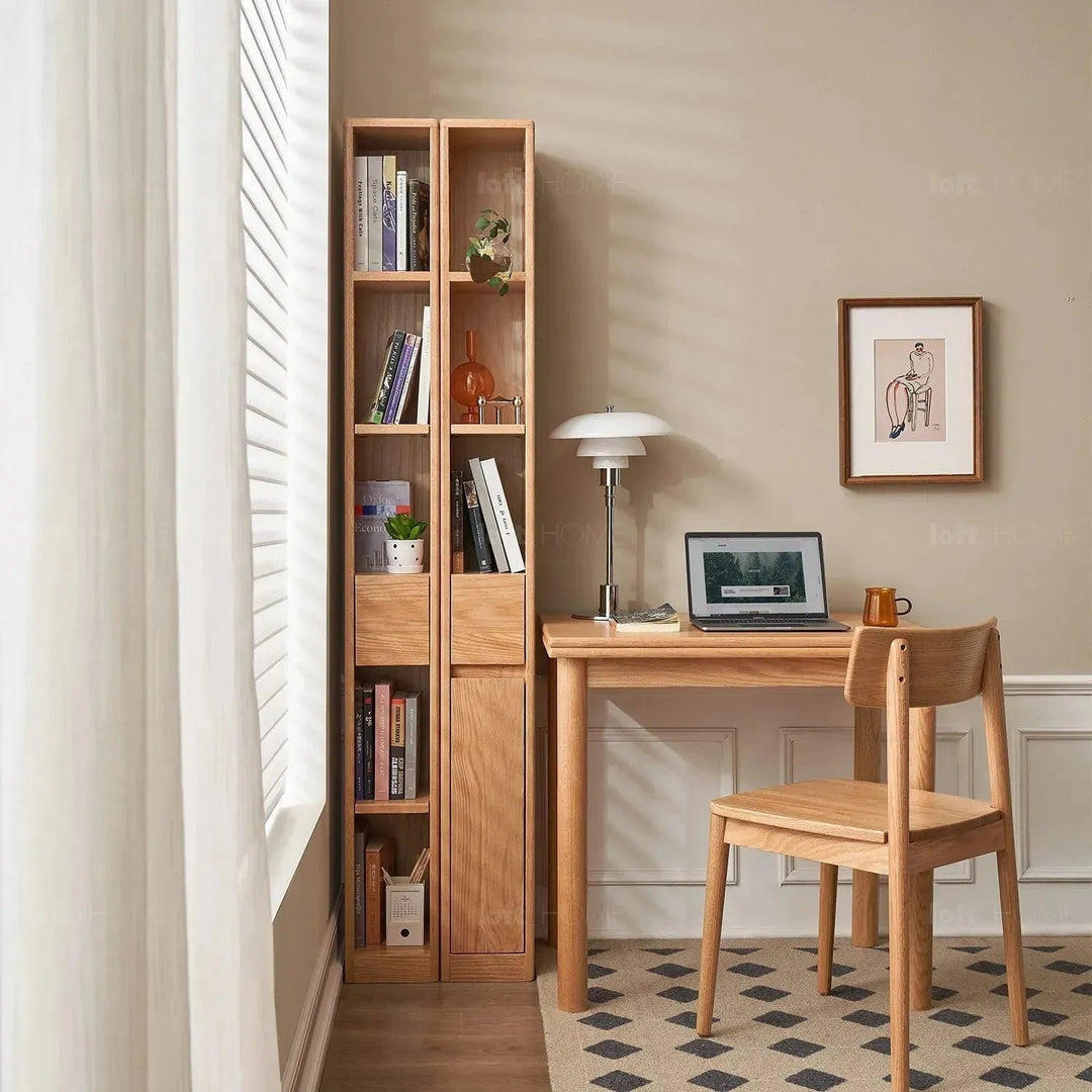 Scandinavian wood bookshelf corner fortune layered structure.