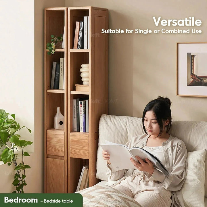 Scandinavian wood bookshelf corner fortune material variants.