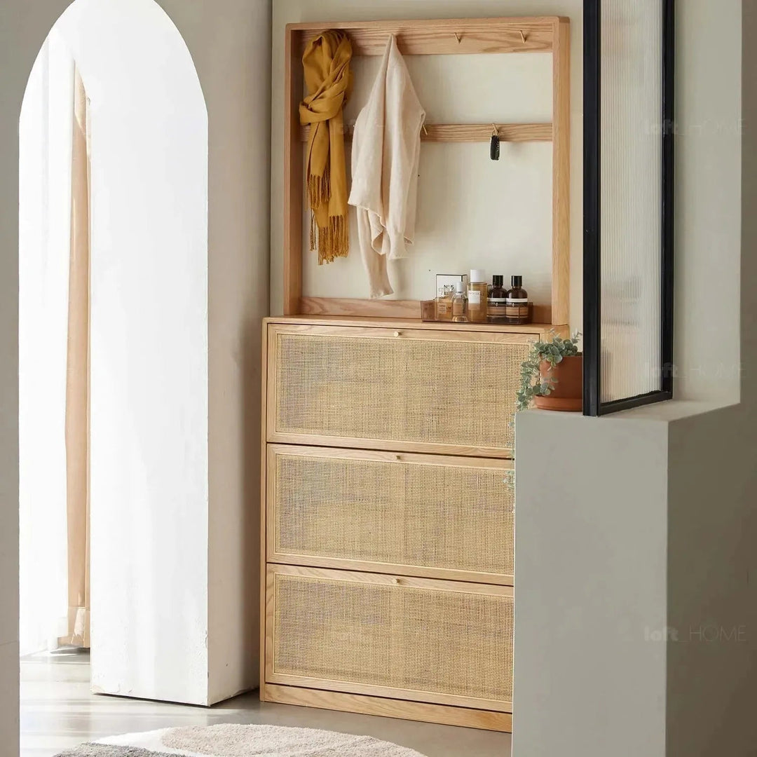 Scandinavian wood shoe cabinet rustic vine detail 5.