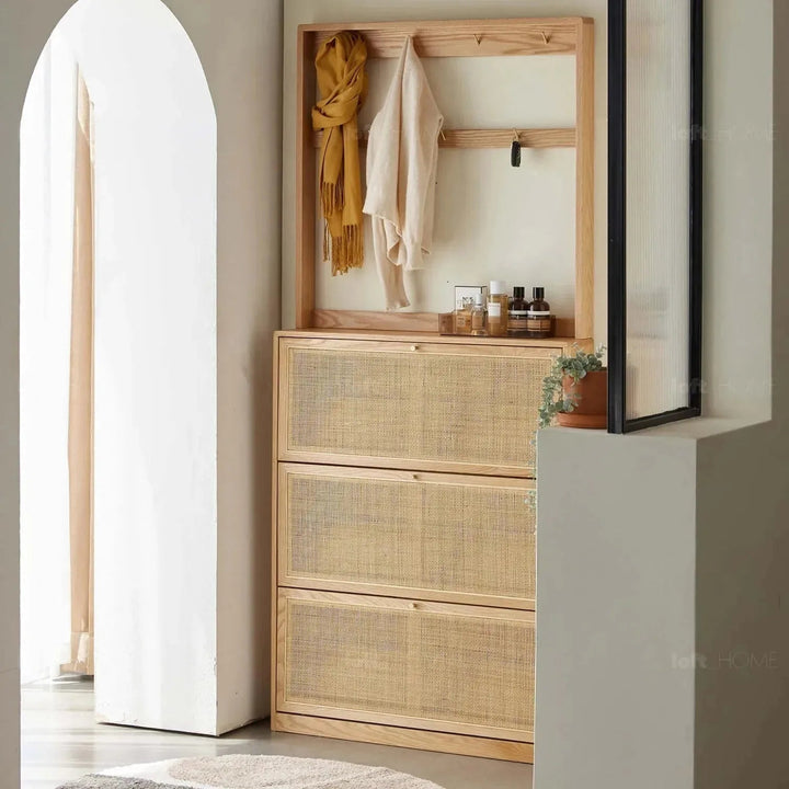 Scandinavian wood shoe cabinet rustic vine detail 5.