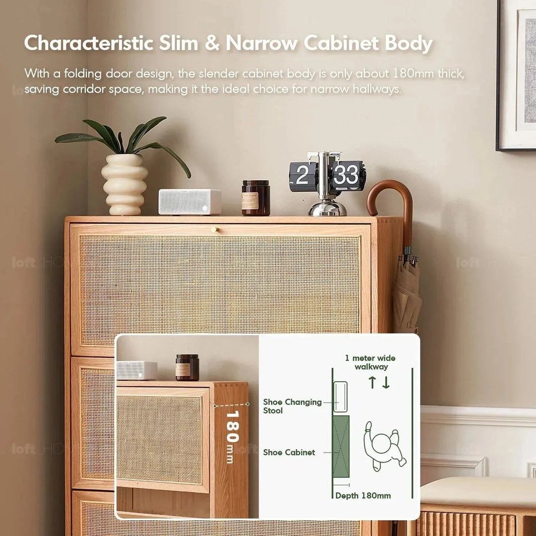 Scandinavian wood shoe cabinet vine weave with context.