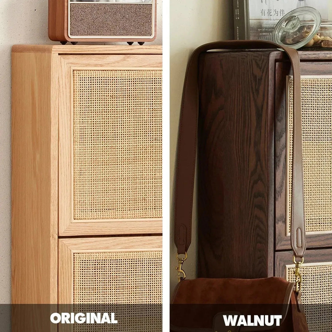 Scandinavian wood shoe cabinet vine weave color swatches.